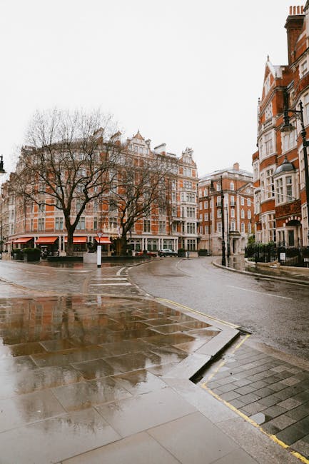A wet city street scene captures an overcast day with a shiny, reflective pavement showing puddles from recent rain. Prominent in the foreground is a paved sidewalk with a slight curb, leading to an intersection that curves gently to the left. On the left side of the image, there is a leafless tree with thin, dark branches extending skyward. In the background, a cluster of multi-storey red-brick residential buildings with white-framed windows and decorative architectural features line the street, indicating an affluent urban area. The buildings exhibit a mixture of bay windows, ornate cornices, and small balconies. The sky is uniformly grey, contributing to the subdued lighting, while street furniture like lampposts and a few parked vehicles are visible along the road. This scene, associated with private waste handling or rubbish removal services such as Waste Collection Mayfair, underscores the importance of efficient rubbish collection in maintaining urban cleanliness, especially in densely populated residential areas, or during on-site clearance operations for businesses or shops.